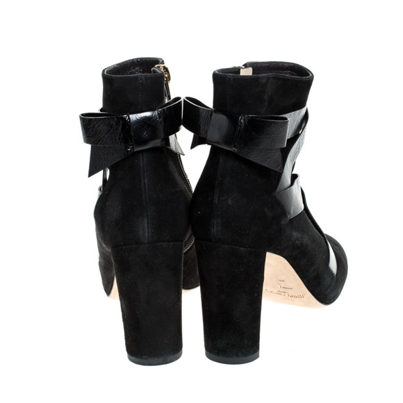 Jimmy Choo 10 Strappy Leather Bow Ankle Boots Almond Toe Block Heel Black 40.5 - Picture 3 of 6